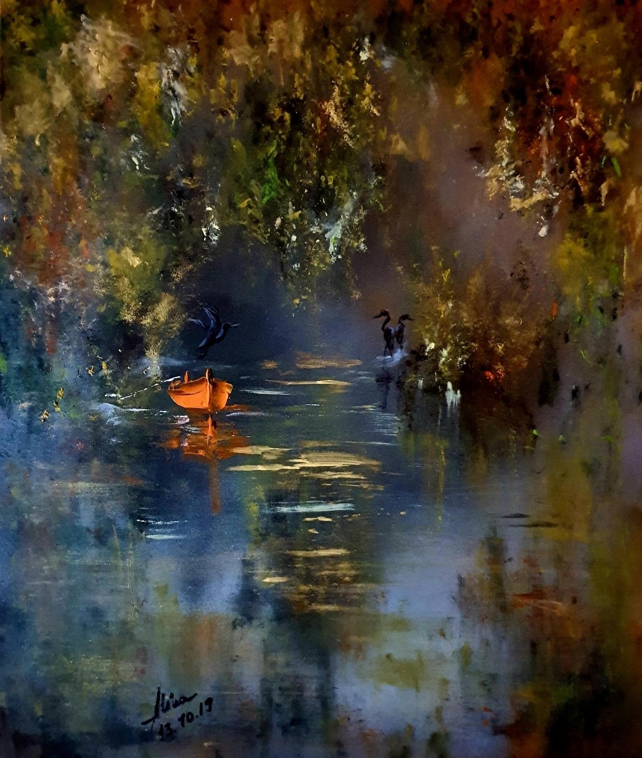 ArteDiAlina.com painting: cormorants and a boat